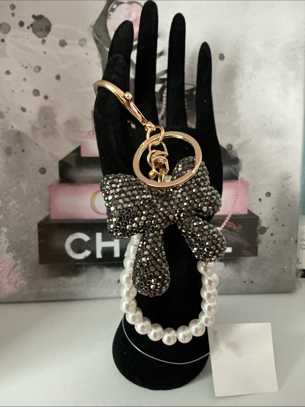 Pearl Beaded Keychain with Black Crystal Bow